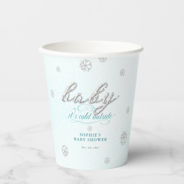 Cold Outside Rhinestone Glitter Winter Baby Shower Paper Cups (Front)