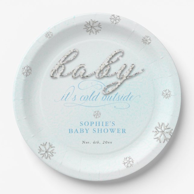 Cold Outside Rhinestone Glitter Winter Baby Shower Paper Plate (Front)