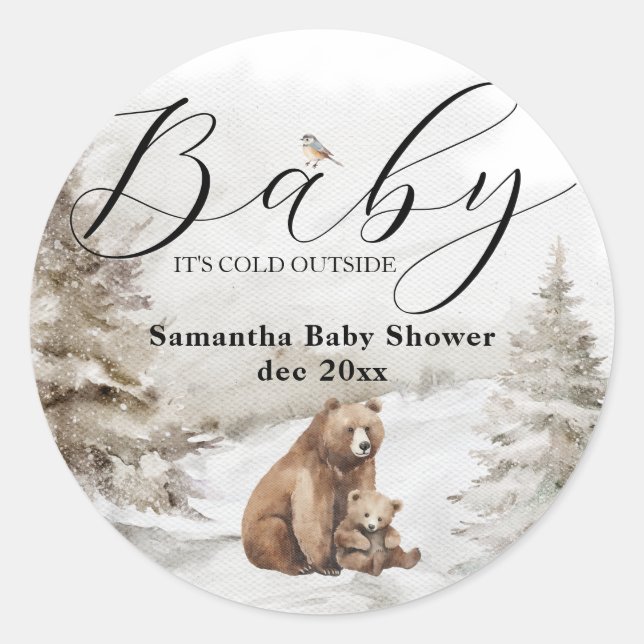 Cold Outside Winter Forest Neutral Baby Shower Classic Round Sticker (Front)