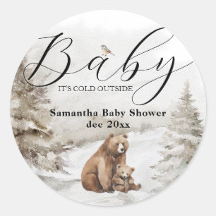 Cold Outside Winter Forest Neutral Baby Shower Classic Round Sticker