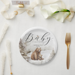 Cold Outside Winter Forest Neutral Baby Shower Paper Plate