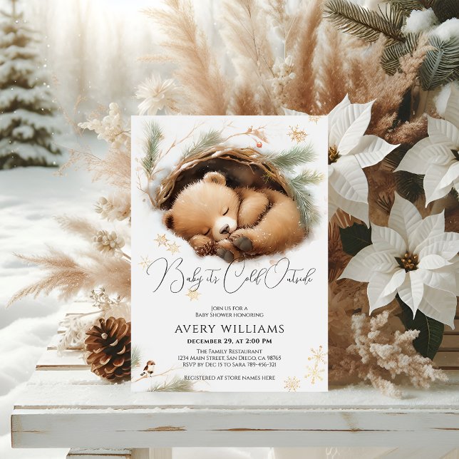 Cold Outside Woodland Bear Winter Baby Shower Invitation (Creator Uploaded)