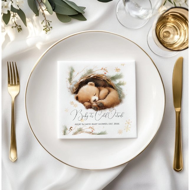 Cold Outside Woodland Bear Winter Baby Shower Napkin (Creator Uploaded)