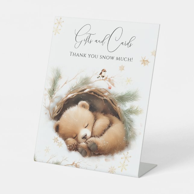 Cold Outside Woodland Bear Winter Baby Shower Pedestal Sign (Front)