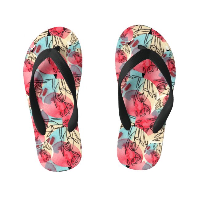 Cold Warm Watercolor Floral Geometric Kid's Flip Flops (Footbed)