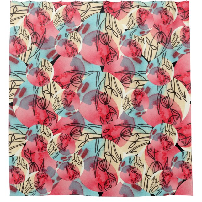 Cold Warm Watercolor Floral Geometric Shower Curtain (Front)