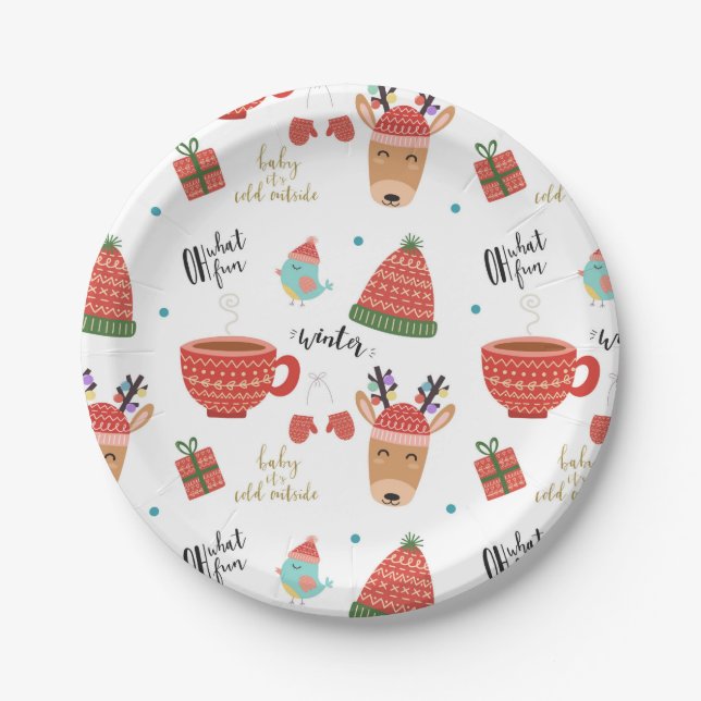 Cold Winter Christmas Rustic Kraft Holiday Party Paper Plate (Front)