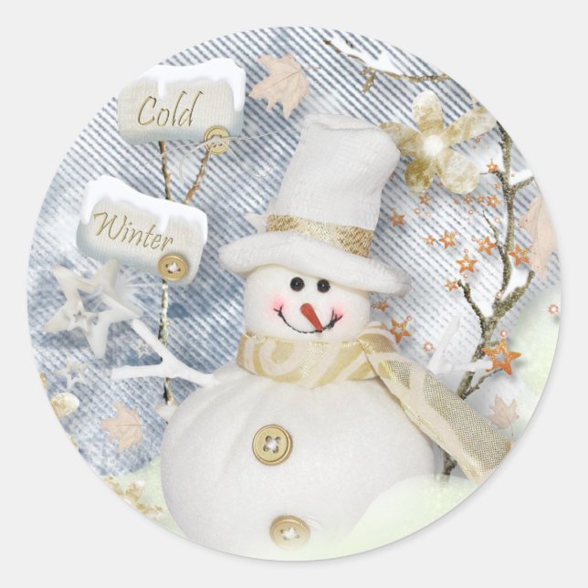 Cold Winter Snowman Classic Round Sticker (Front)