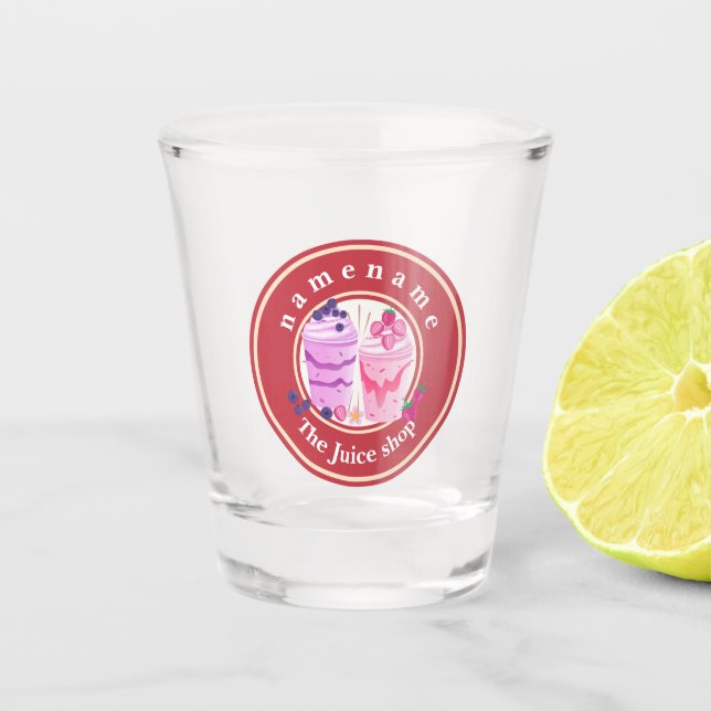 Cold yogurt Smoothies fruit Juice shop logo name Shot Glass (Front)