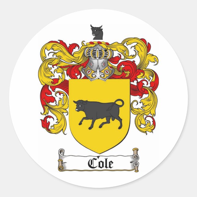 COLE FAMILY CREST -  COLE COAT OF ARMS CLASSIC ROUND STICKER (Front)