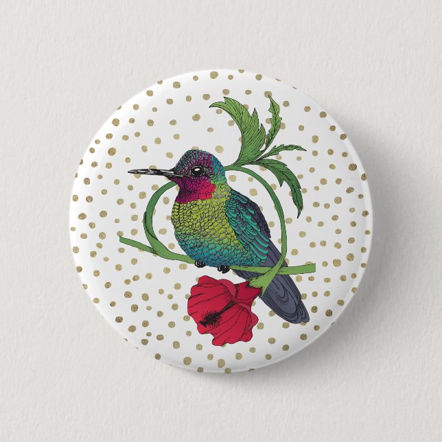 Colibri Bird Illustration Gold Bronze Dots Button (Front)