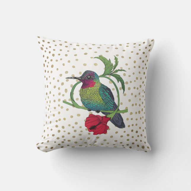 Colibri Bird Illustration Gold Bronze Dots Pillow (Front)