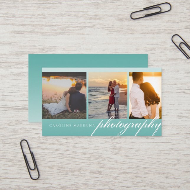 Collage 3-photo Teal Green Blue Ombre Photography Business Card (Front/Back In Situ)