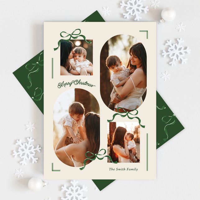 collage 4 photo multi photos Bows Green Oval Photo Holiday Card (Creator Uploaded)