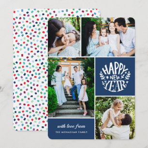 Collage 4 Photo New Year Card Blue