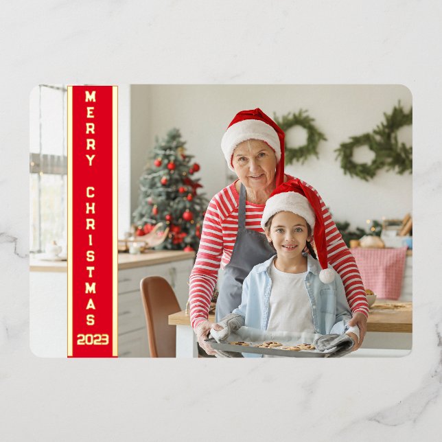Collage 4 Photos Merry Christmas Red Family Gold Foil Holiday Card (Front)