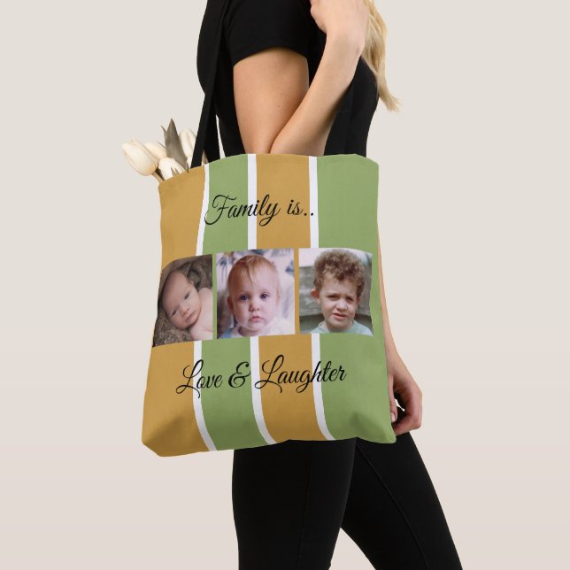 Collage add your own custom photos gold and green tote bag (Close Up)