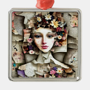 Collage Art   A Pretty Girl made of Book Pages Metal Tree Decoration