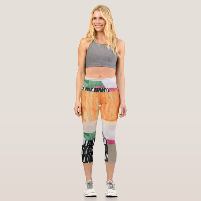 Collage art, modern colourful abstract. capri leggings (Front)