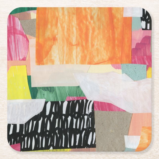 Collage art, modern colourful abstract. square paper coaster (Front)