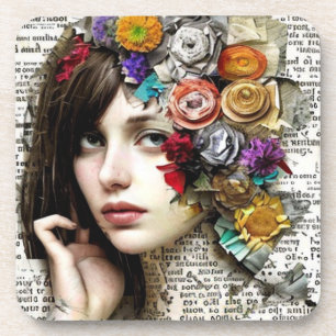 Collage Art   Pretty Girl with Flowers in her Hair Coaster