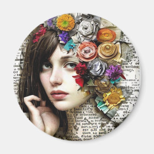 Collage Art   Pretty Girl with Flowers in her Hair Magnet