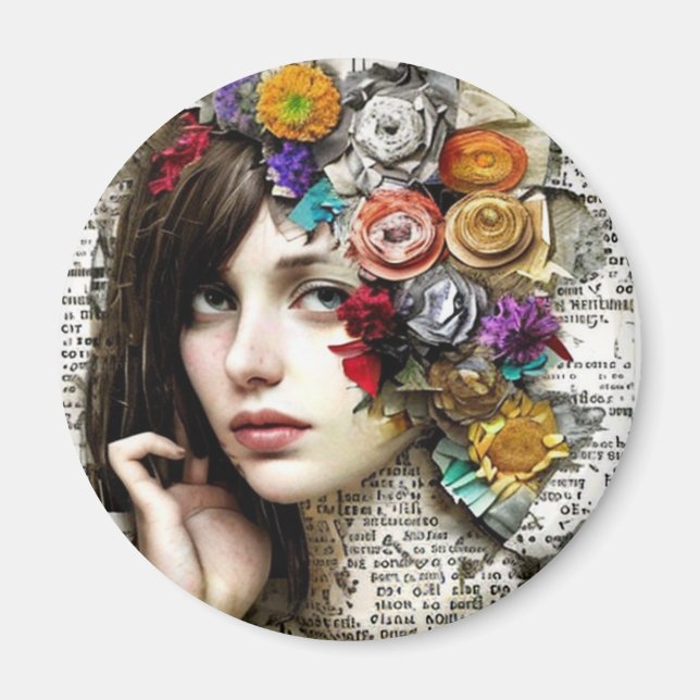 Collage Art | Pretty Girl with Flowers in her Hair Magnet (Front)