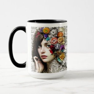 Collage Art   Pretty Girl with Flowers in her Hair Mug