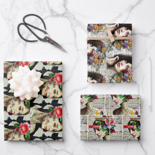 Collage Art   Pretty Ladies with Typography  Wrapping Paper Sheet