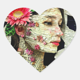 Collage Art   Pretty Lady Typography Heart Sticker