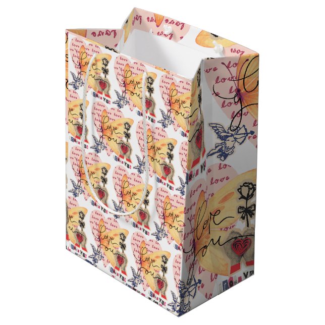 Collage Charming Playful Hearts Butterfly Cupid  Medium Gift Bag (Back Angled)