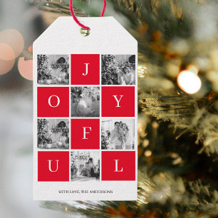 Collage Christmas Photo Red Joyful Gift Tags