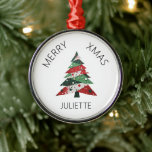 Collage Christmas Tree Metal Tree Decoration<br><div class="desc">Features a collage Christmas tree in a colour palette of red and green. Personalise with a name.</div>