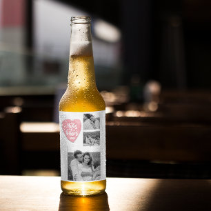 Collage Couple Photo & Hugs And Kisses PInk Heart Beer Bottle Label