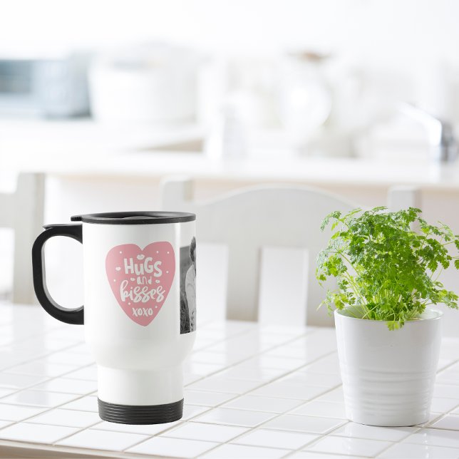 Collage Couple Photo & Hugs And Kisses PInk Heart Travel Mug (Creator Uploaded)