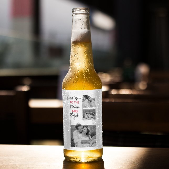 Collage Couple Photo & Romantic Quote To The Moon Beer Bottle Label (Creator Uploaded)