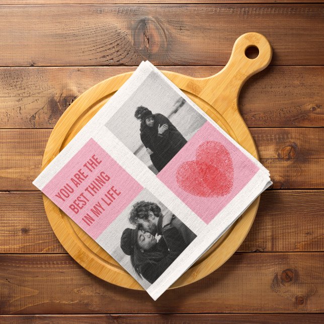 Collage Couple Photo | Valentines Pink & Red Heart Tea Towel (Creator Uploaded)