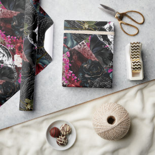 Collage Design Goth Florals Red White Black Rose Wrapping Paper
