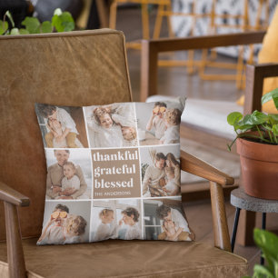 Collage Family Photo   Thankful Grateful Blessed Cushion