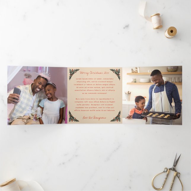 Collage Holiday Photo Holly Tri-Fold Card (Inside)