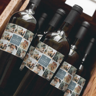 Collage Holiday Photos Merry Christmas Gift Wine Label