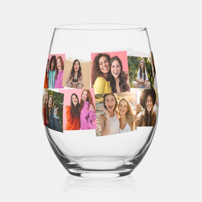 Collage of 14 photos fun cute custom text stemless wine glass (Front)