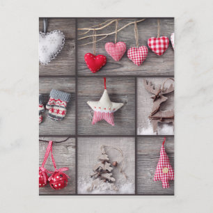 Collage Of Christmas Photos Over Gray Wood Holiday Postcard