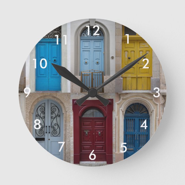 Collage of colourful front doors round clock (Front)