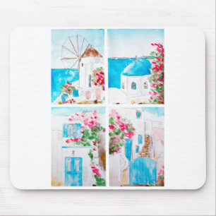 Collage of Greece watercolor painting Mouse Mat
