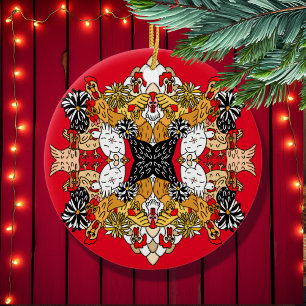 Collage of Hand Drawn Funny Chickens Ceramic Tree Decoration