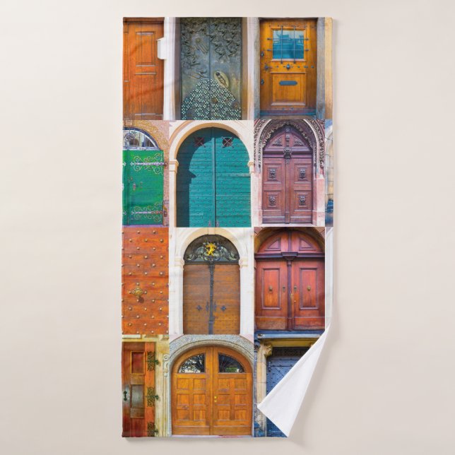 Collage of medieval front doors at Prague,  Czech  Bath Towel (Bath Towel)