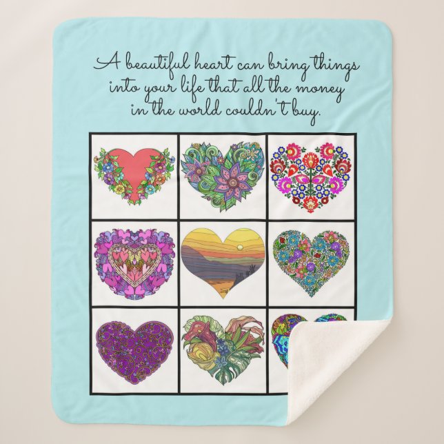 Collage of Painted Hearts (light blue), with Quote Sherpa Blanket (Front)