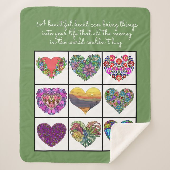 Collage of Painted Hearts (on green), with Quote Sherpa Blanket (Front)