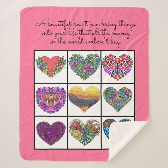 Collage of Painted Hearts (on pink), with Quote Sherpa Blanket (Front)